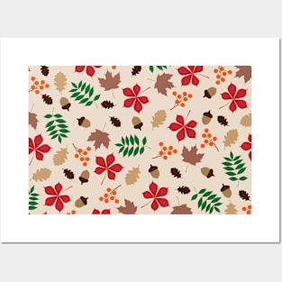 Autumn leaves falling with acorns and fruits / Fall pattern 2 Posters and Art